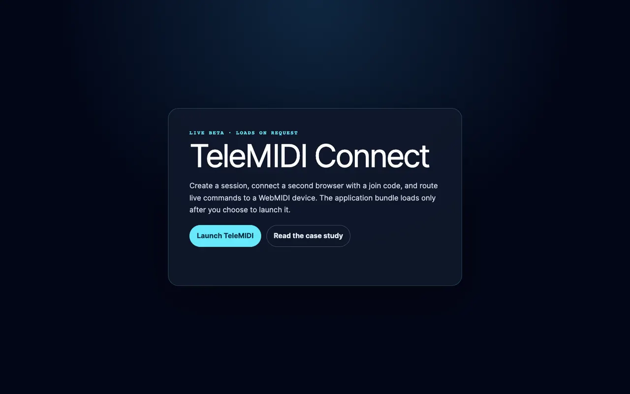 TeleMIDI Connect public launcher with Launch TeleMIDI and Read the case study actions.